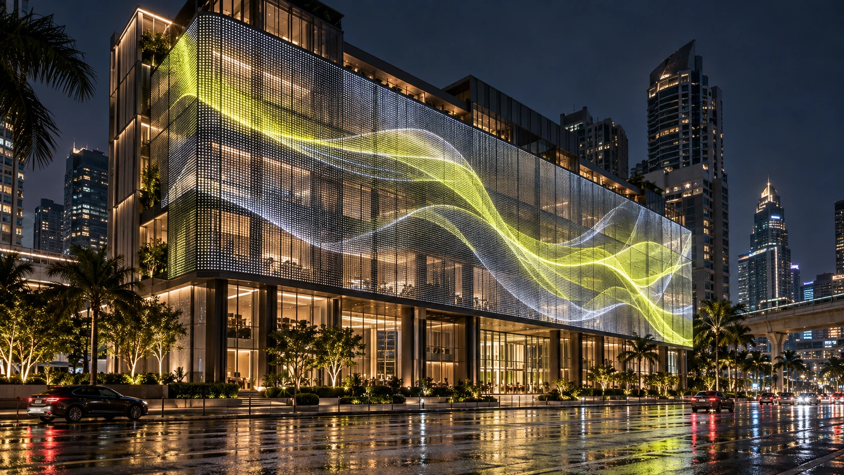 Bangkok concept visualisation of a glazed commercial building wrapped in architectural LED mesh carrying citron and white light waves at night