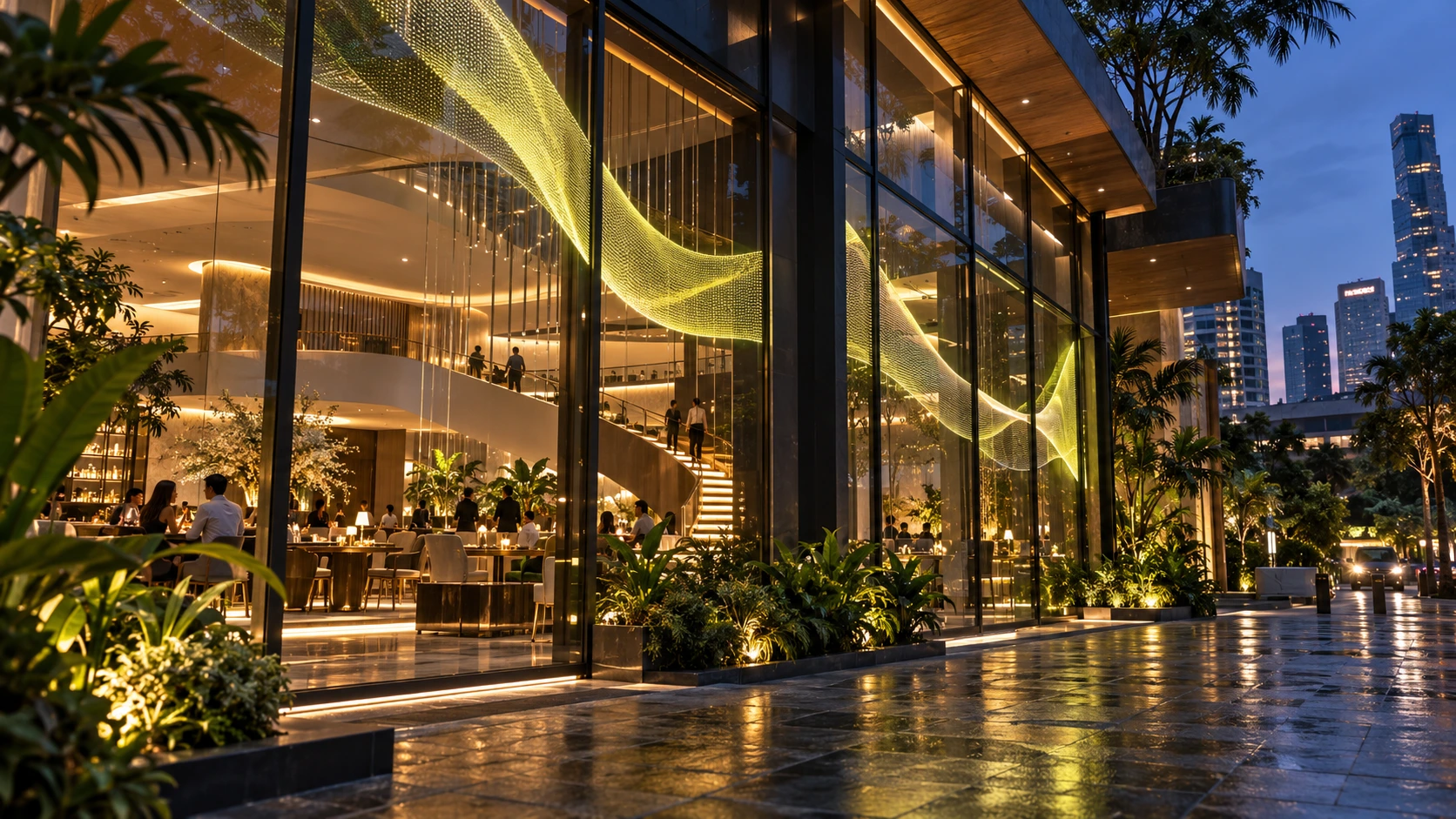 Bangkok concept visualisation of a glazed restaurant frontage with citron transparent LED film over a visible warm interior and spiral staircase